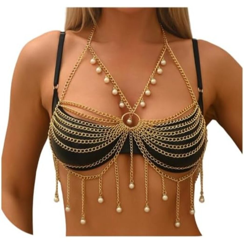 Gold Chain and Pearl Bra Body Jewelry - Black